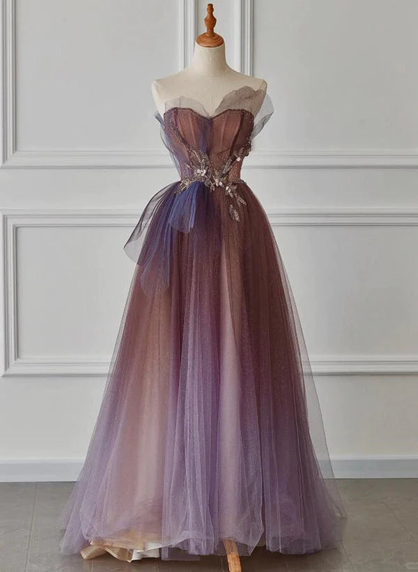 A-line Purple Gradient Tulle Beaded Long Party Dress